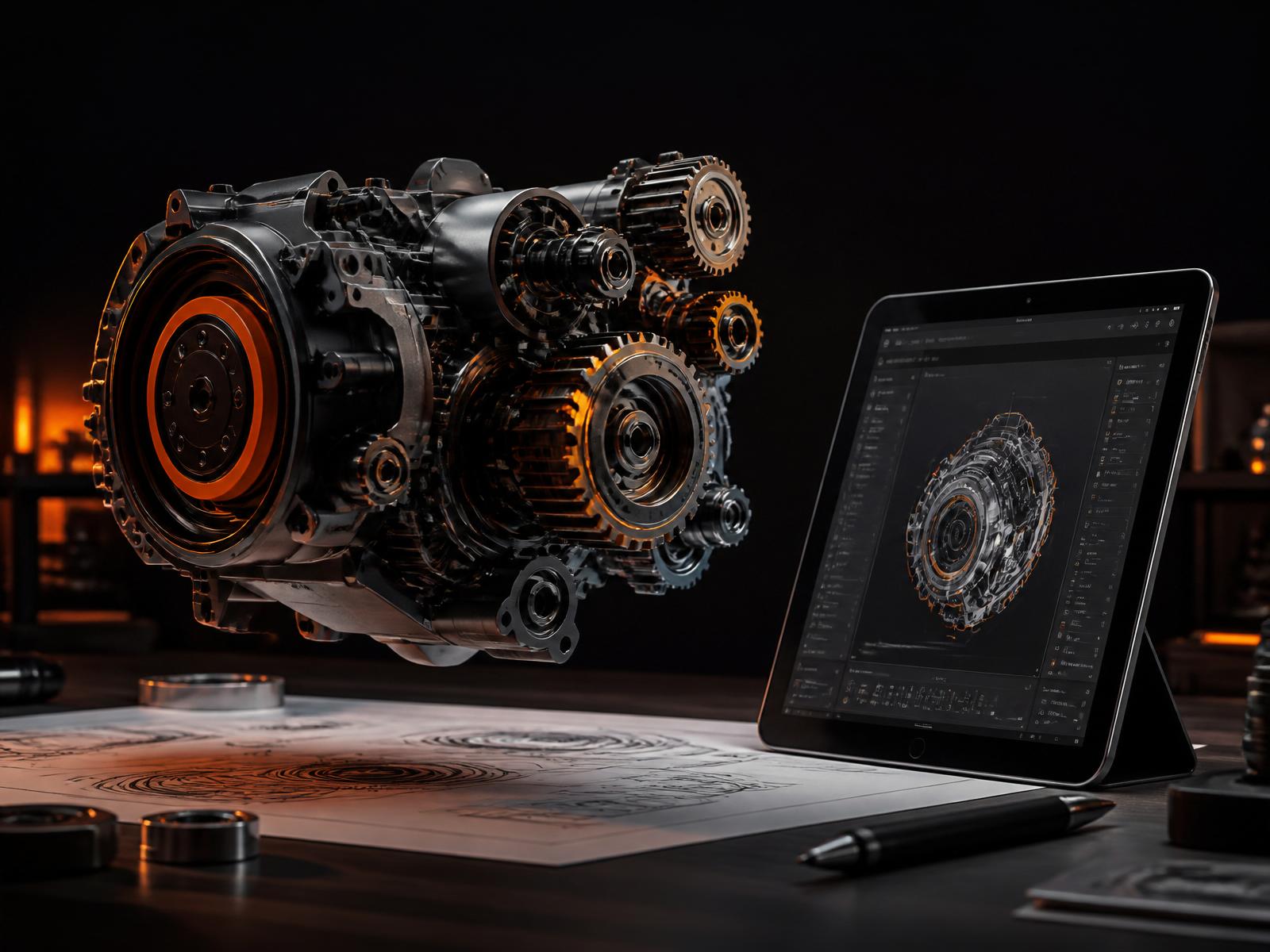 Mechanical engineering CAD design for manufacturers in Kampala, Uganda — 3D engine model and tablet showing CAD drawings